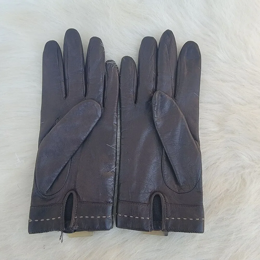Nine West Dark Chocolate Leather Gloves Wmns Sz Large Buckle Embellished Soft